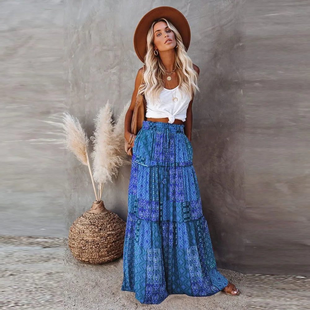 Womens Loose Long Boho Flowers High Elastic Waist With Pockets And Belt Maxi Skirt Pleated Skirt 2024 Summer Sexy Women Skirts