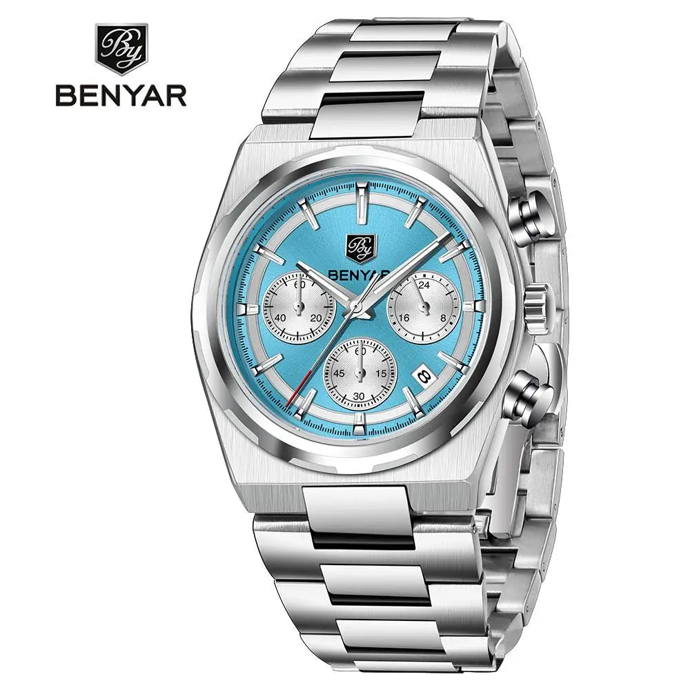 Benyar 40MM Multi-function Quartz watch Mineral Strengthened Glass Stainless steel waterproof strap Timing clock watch for men