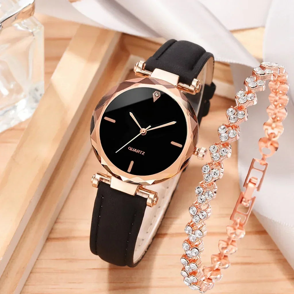 2024 Luxury Fashion Women Watch Set PU Leather Strap Ladies Quartz Wristwatch Rhinestone RoseGold Alloy Bracelet for Ladies Gift