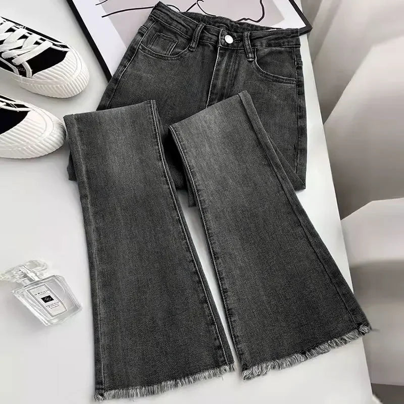 American Retro Micro-flared Jeans, Women's Autumn and Winter Fashion Slim-fit High-waisted Stretch Long Pants,Floor-length Jeans