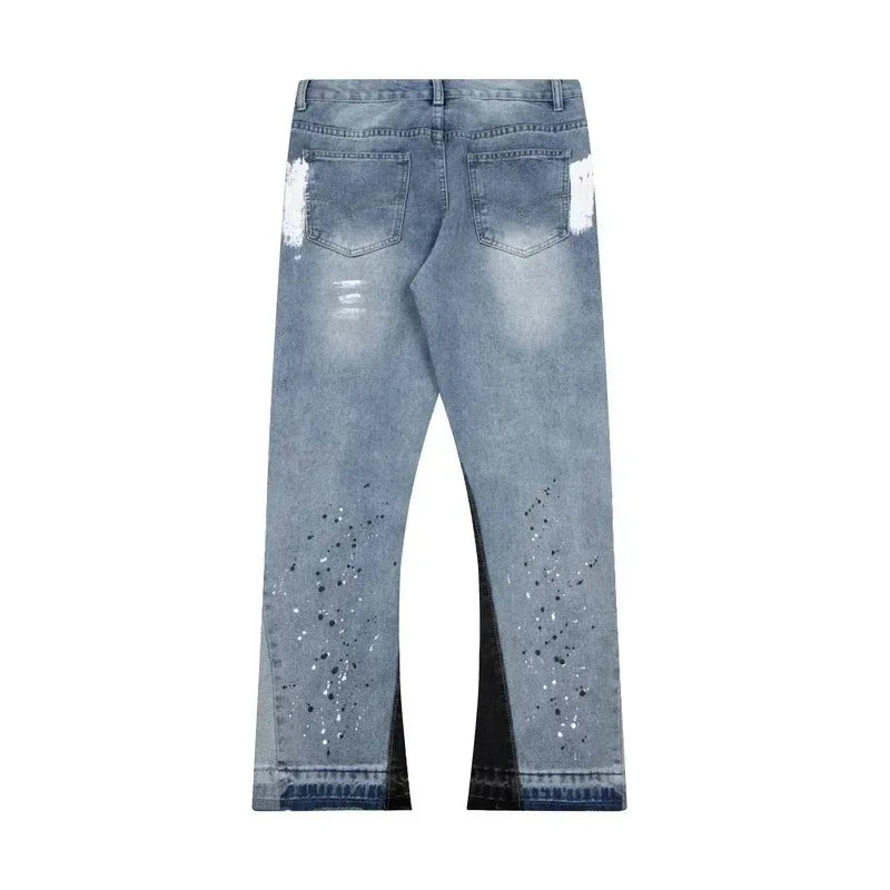 2024 European and American retro washed spliced denim loose trousers high street couple straight micro-flared jeans hot sale