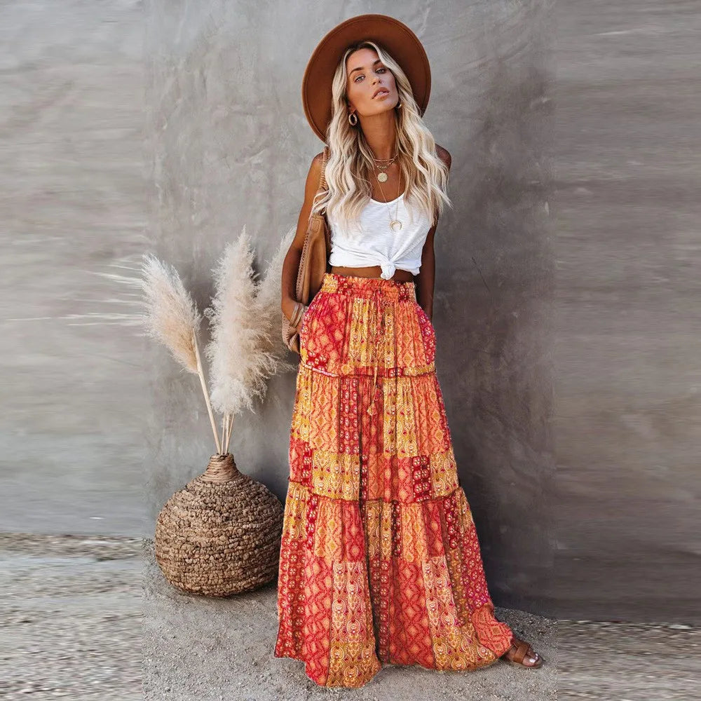 Womens Loose Long Boho Flowers High Elastic Waist With Pockets And Belt Maxi Skirt Pleated Skirt 2024 Summer Sexy Women Skirts