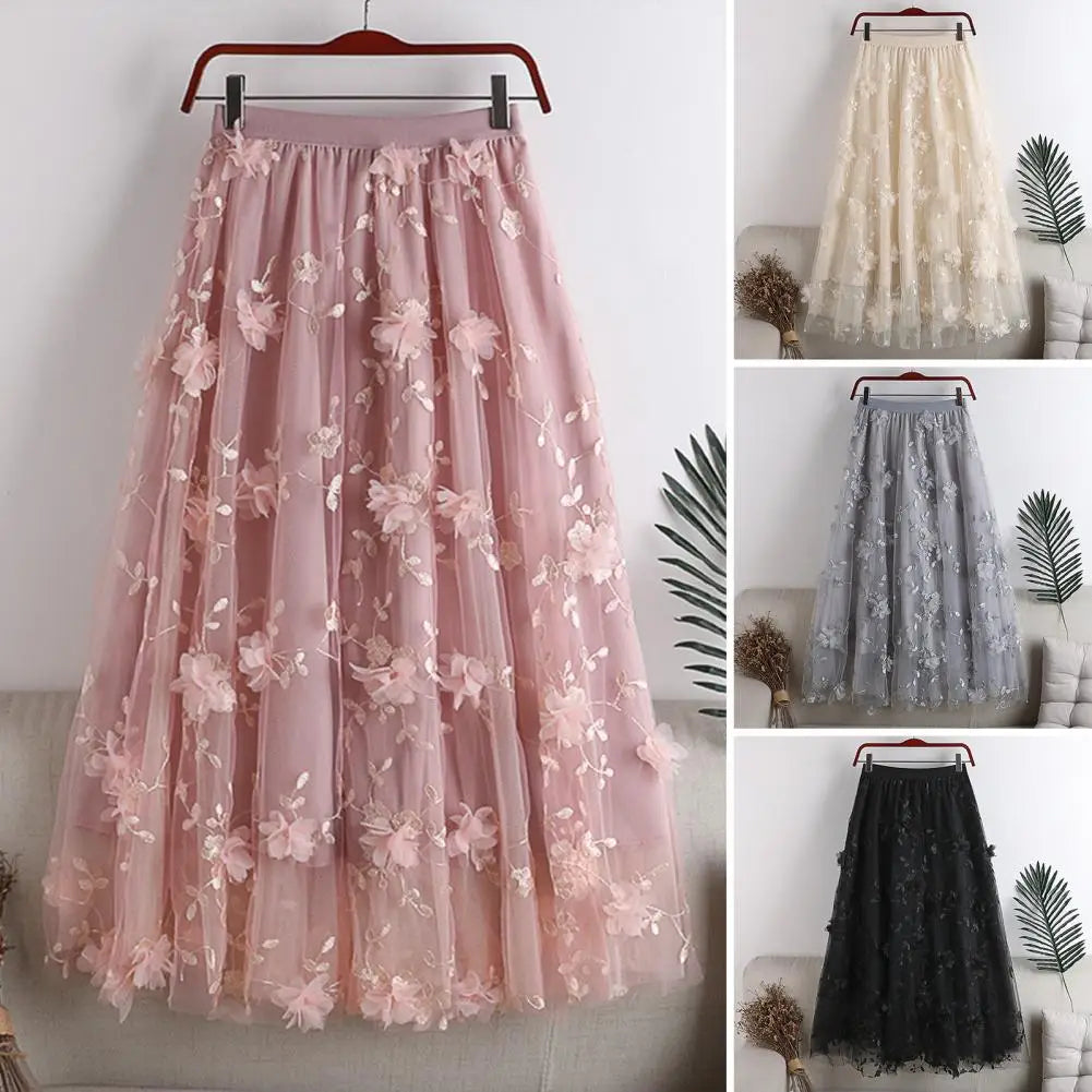 Women High Waist Midi Skirt Elegant Floral Embroidery Mesh Midi Skirt with Double Layered Tulle High Waist A-line for Women