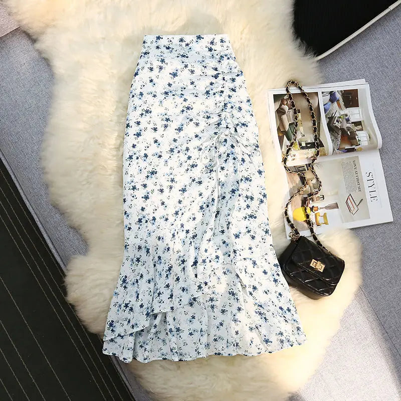 Women Floral Irregular Fishtail Skirt Summer High Waisted Slim Shirring Loose Lacing Casual All-match Lady Chiffon Skirt Fashion