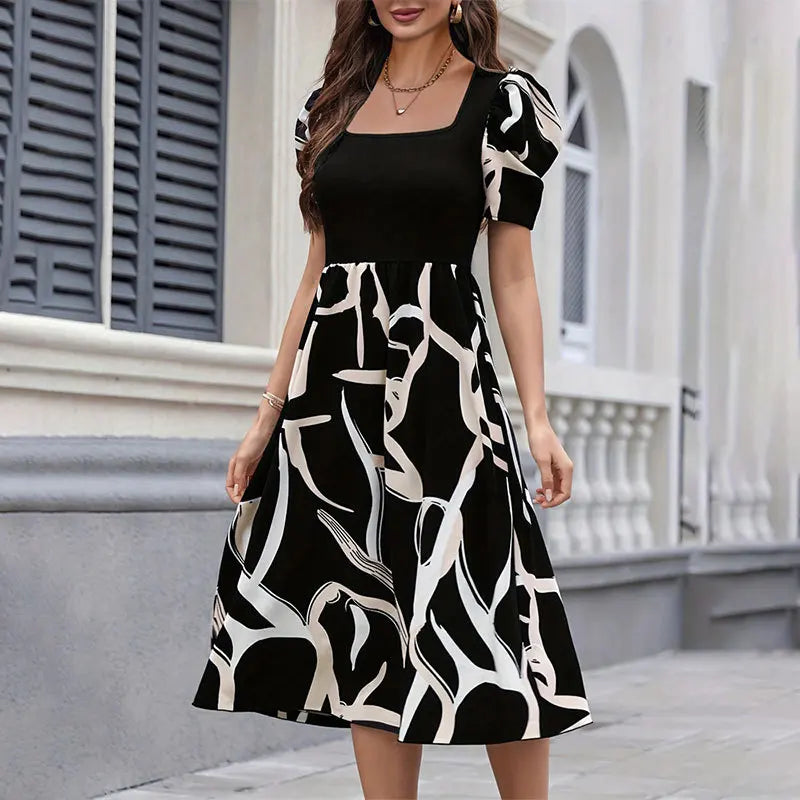 Women's Dress Autumn Winter Fashion Knitted Print Stretch Square Neck Slim Fit Short Puff Sleeve Midi Prom Dresses For Women