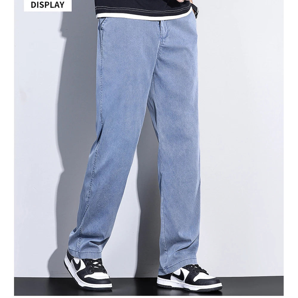 2024 Summer Jeans for Men Thin Soft Lyocell Fabric Loose Straight Wide Leg Pants Elastic Waist Casual Trousers Plus Size M-5XL