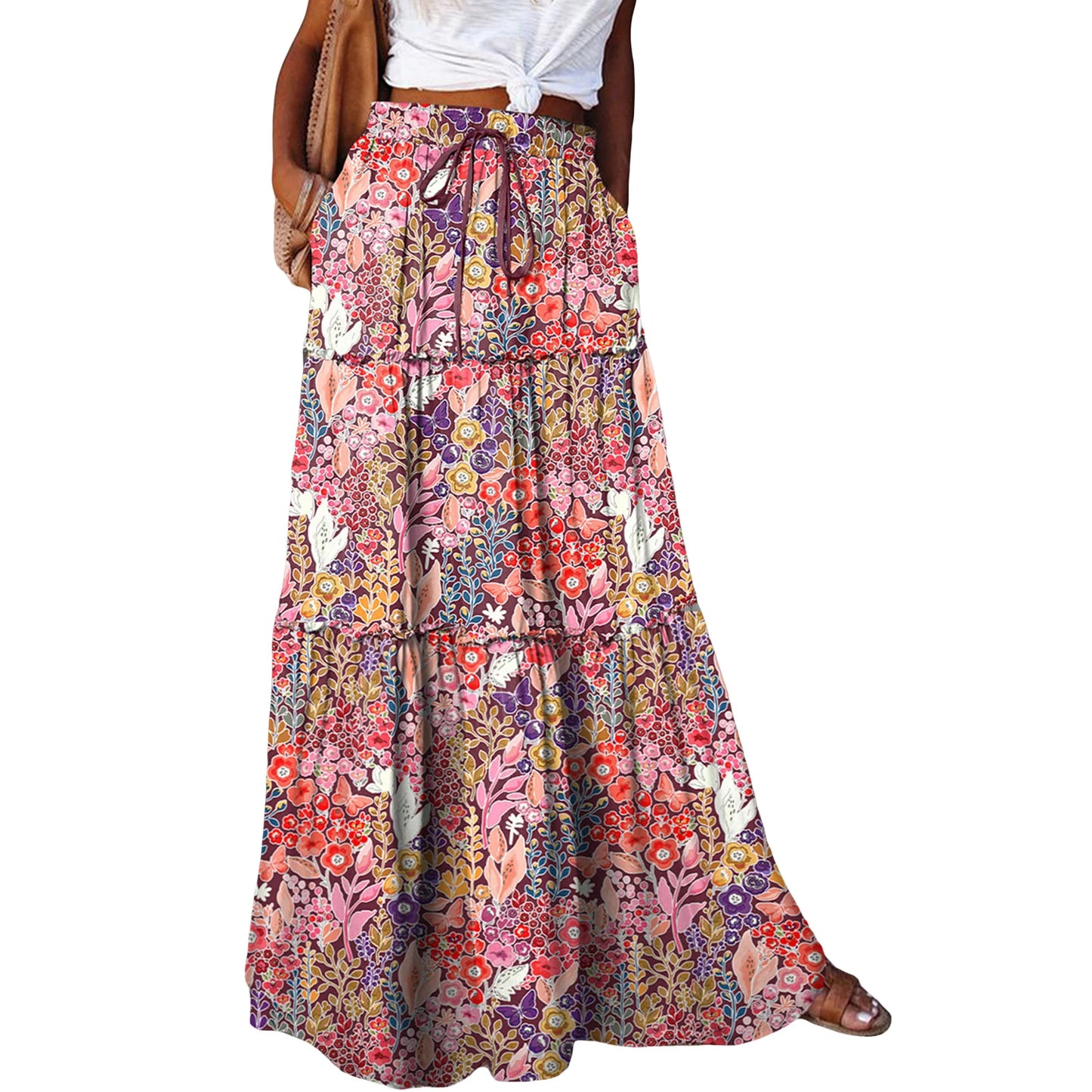 Women Bohemian Long Skirts Vintage Long Maxi Elastic High Waist A-Line Skirts Tiered Long Skirts with Pockets Beachwear Skirt