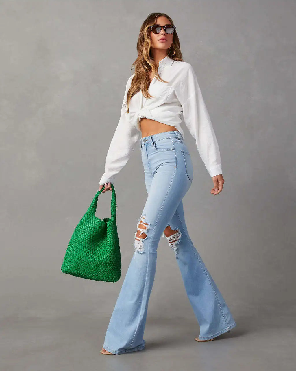 Women Denim Flare Pants Streetwear Jeans Loose Fit High Waist Pockets Holes Ankle Length Solid Color Spring 2024 Zipper Fly