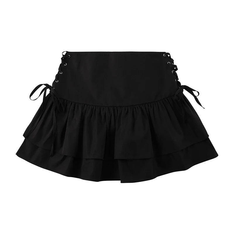 Women s Ruffle Mini Skirt High Waist Solid Color Criss Cross Tie Up A-Line Short Skirt