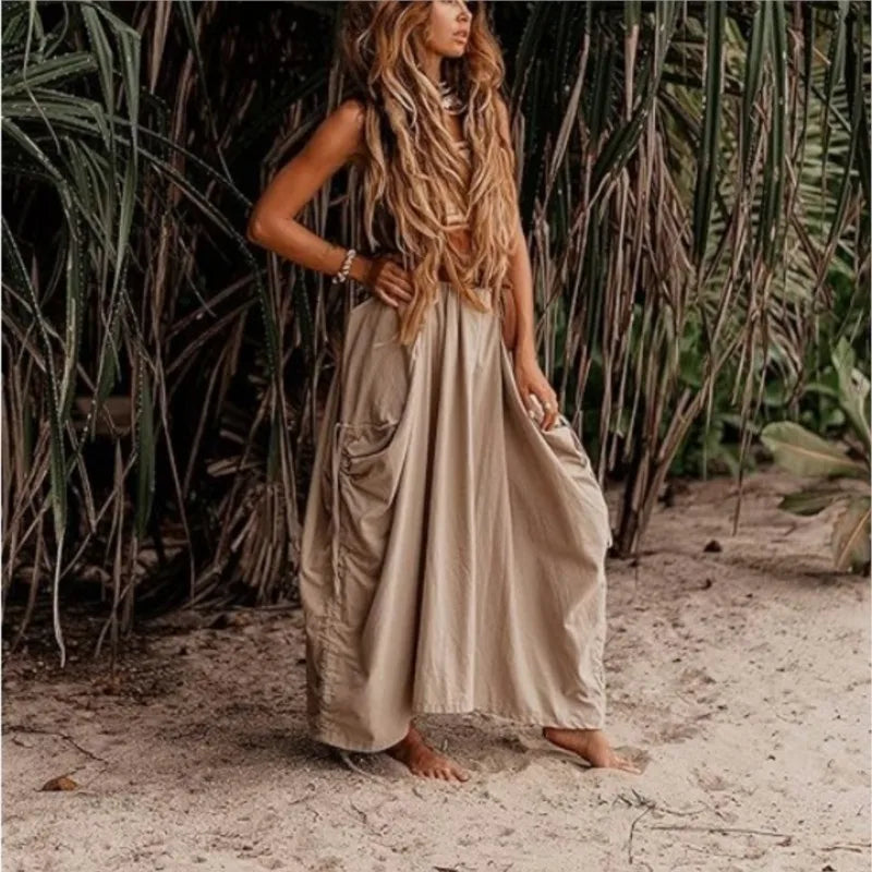 Women's casual and fashionable half skirt  new street trendsetter drawstring big pocket bohemian loose organic cotton long skirt