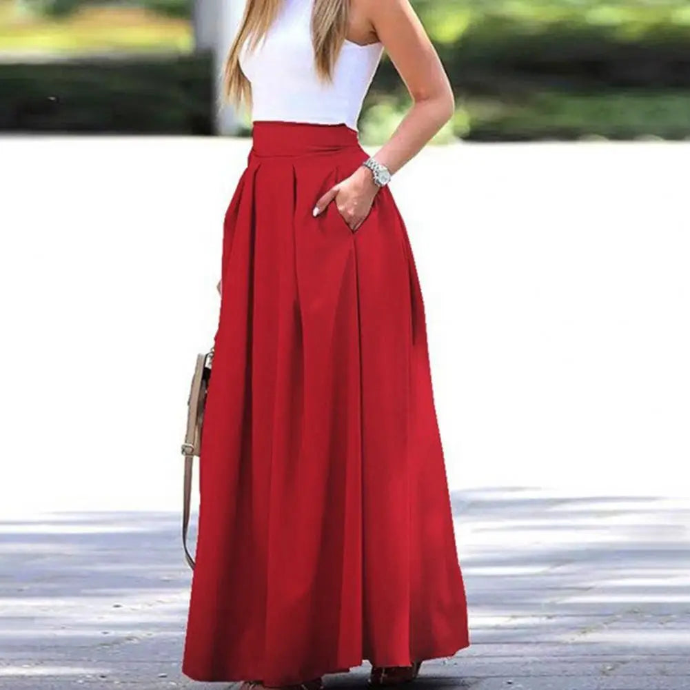 Women Spring Long Skirt Loose Ankle Length High Waist A-line Pockets Solid Color Pleated Elegant Office Lady Maxi Skirt юбка