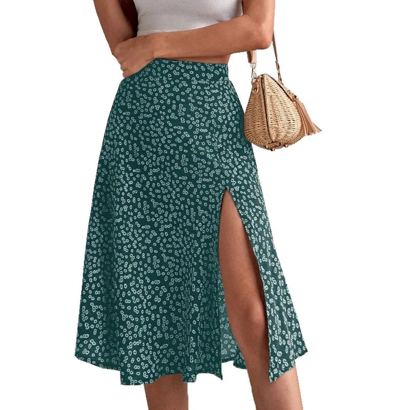 Elegant Printed Skirt Women Sexy Split Mid Skirt Summer Every Day Solid Color Dress Robe