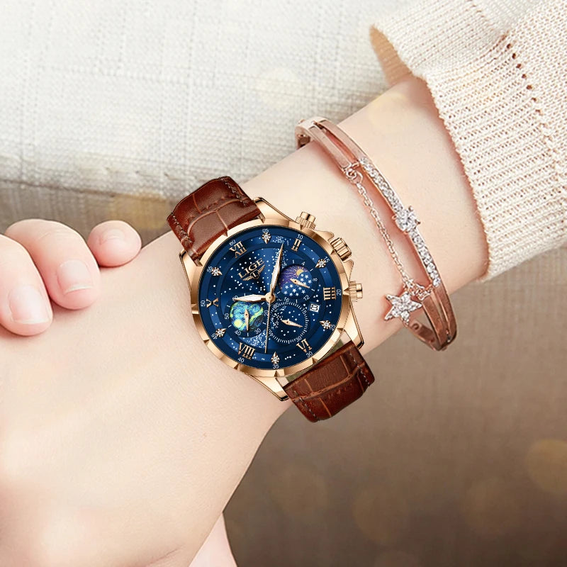 LIGE Women Watches Fashion Luxury Quartz Leather Strap Moon Phase Waterproof Luminous Wristwatch Date Business Casual Lady Clock