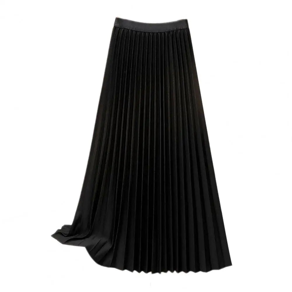 Women Maxi Skirt Elastic High Waist Pleated Skirt Solid Color Smooth Satin A-Line Skirt Work Leisure Wear Короткое Платье Макси