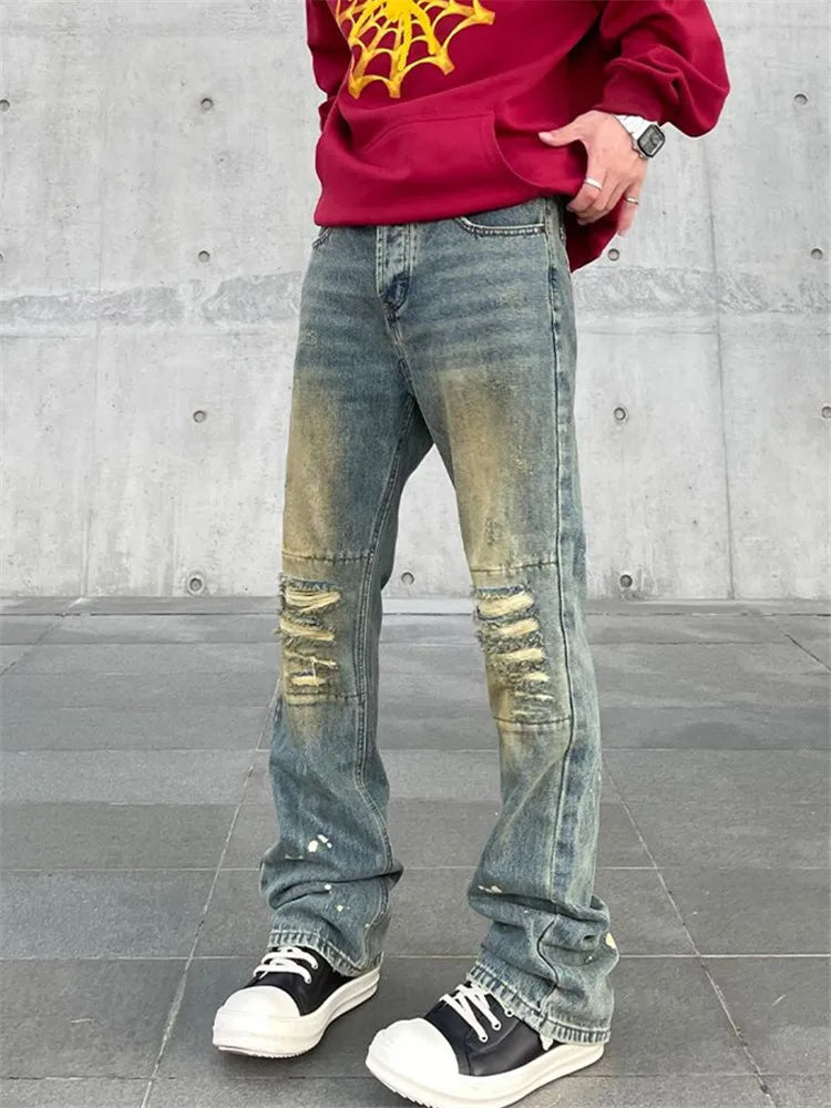 Spring and Autumn High Street Jeans for Men Y2K Straight-leg Pants Splash-ink Button Pocket Washed Trousers A167