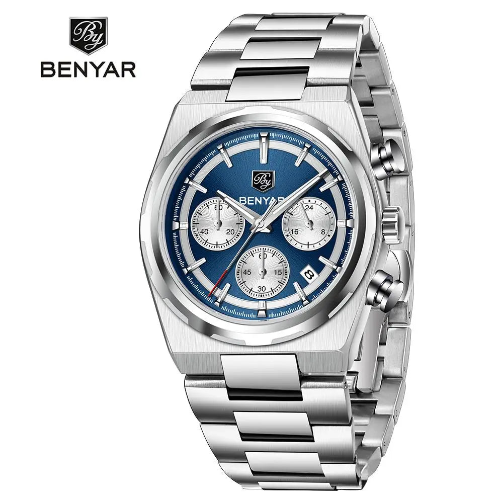 Benyar 40MM Multi-function Quartz watch Mineral Strengthened Glass Stainless steel waterproof strap Timing clock watch for men