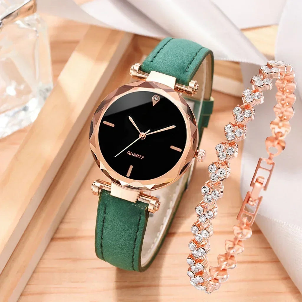 2024 Luxury Fashion Women Watch Set PU Leather Strap Ladies Quartz Wristwatch Rhinestone RoseGold Alloy Bracelet for Ladies Gift