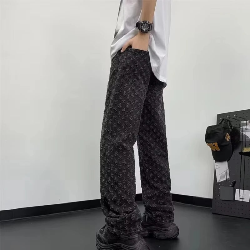 Y2k American High Street Jacquard Full Print Simple Casual High-Grade Jeans Men's Design Sense Straight Fashion Loose Pants Tide