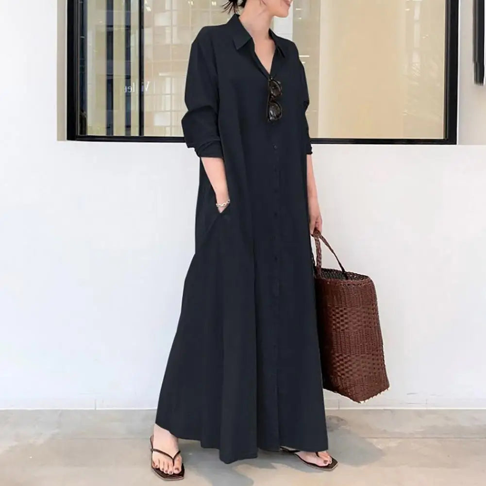 Loose Cut Button Closure Dress Spring Maxi Dress with Turn-down Collar Single-breasted Long Sleeve Ankle Length Women's Loose