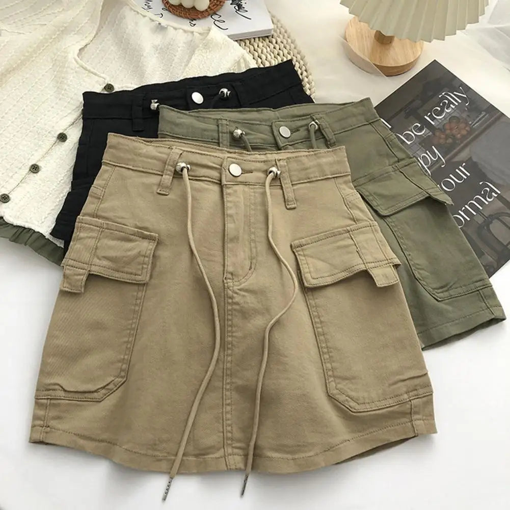 Drawstring High Waist Mini Skirt Women Streetwear Big Pocket Cargo Skirt Woman Fashion 2024 short A Line Skirts Mujer