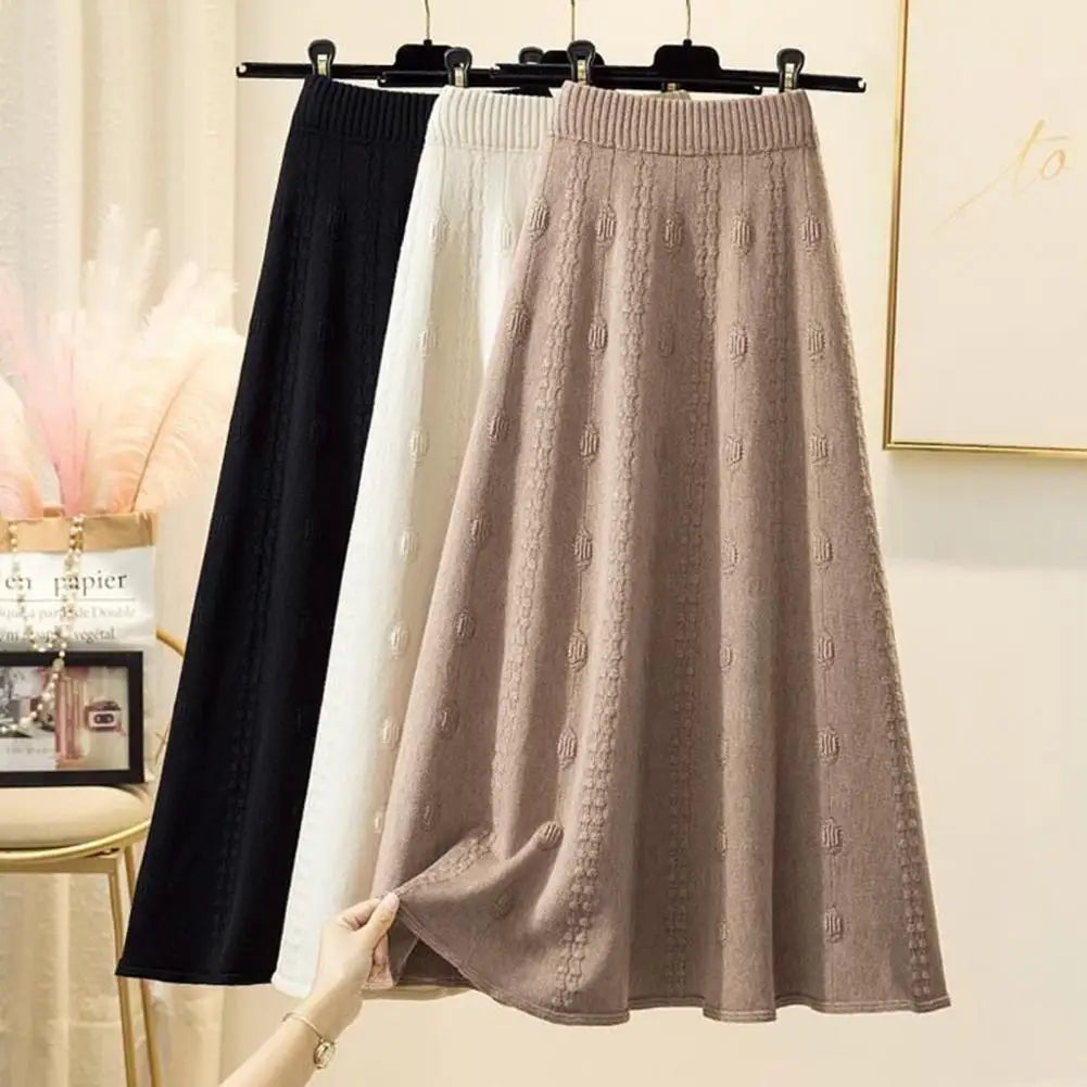 Casual Knit Skirt Large Hem Skirt Elegant Women's Knitting Skirt with High Waist A-line Design Solid Color Jacquard for Autumn