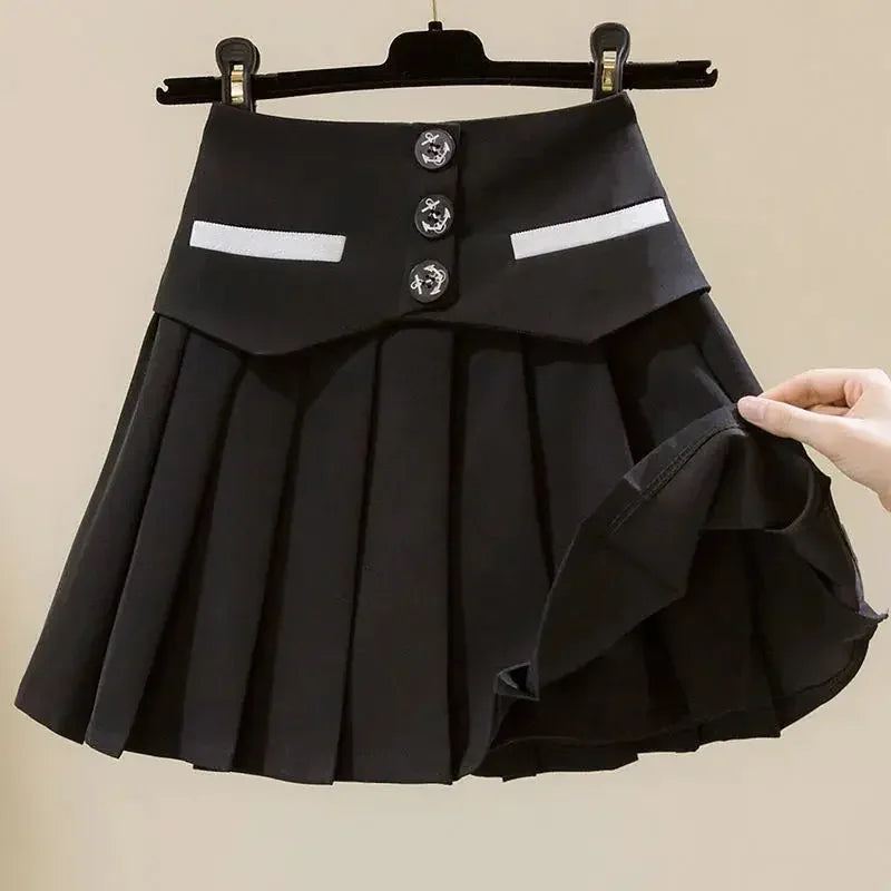 Korean Women's Fashion All-match Button Splicing Pleated Skirt Summer New Zipper High Waist School Preppy Sweet Mini Skirts