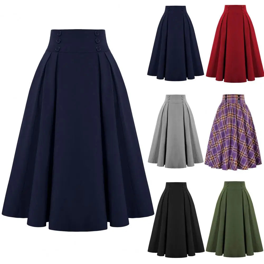 Women A-line Skirt Plaid Print A-line Midi Skirt with Elastic High Waist for Women Stylish Contrast Color Hem Mid-calf for Wear