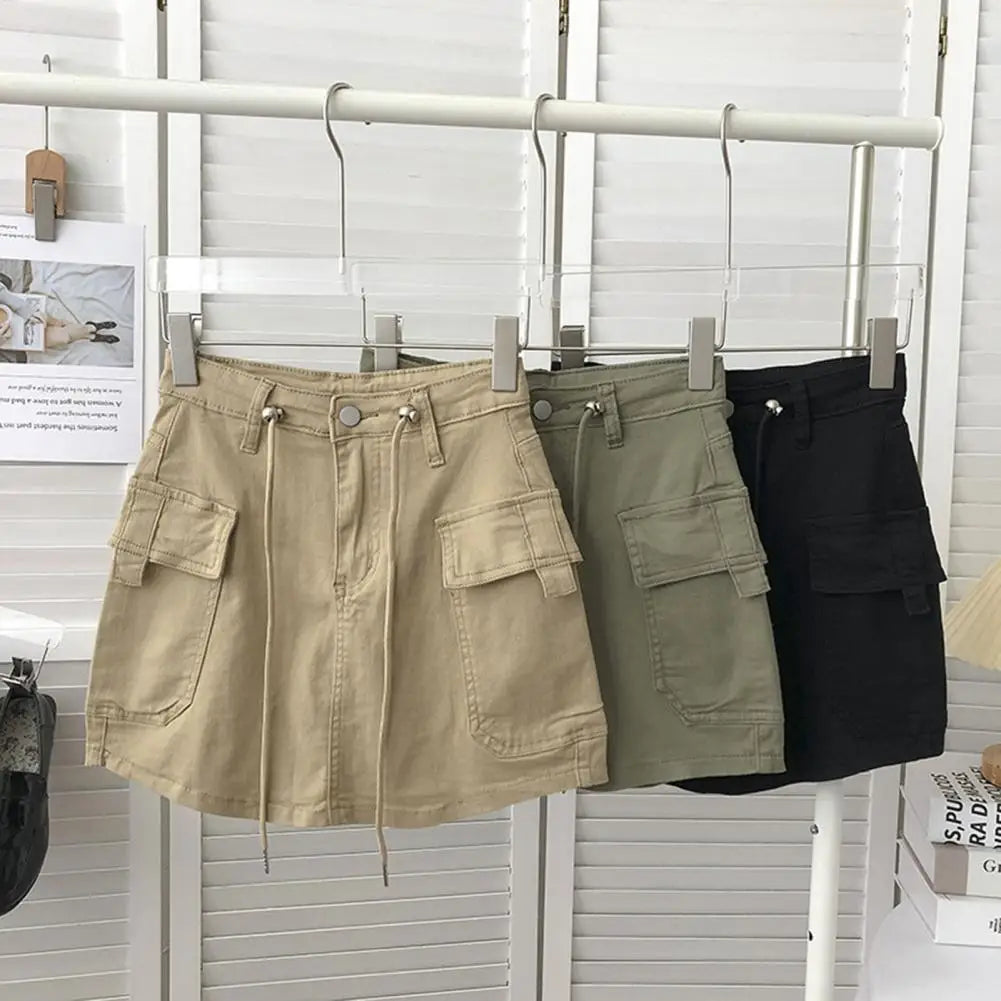 Drawstring High Waist Mini Skirt Women Streetwear Big Pocket Cargo Skirt Woman Fashion 2024 short A Line Skirts Mujer