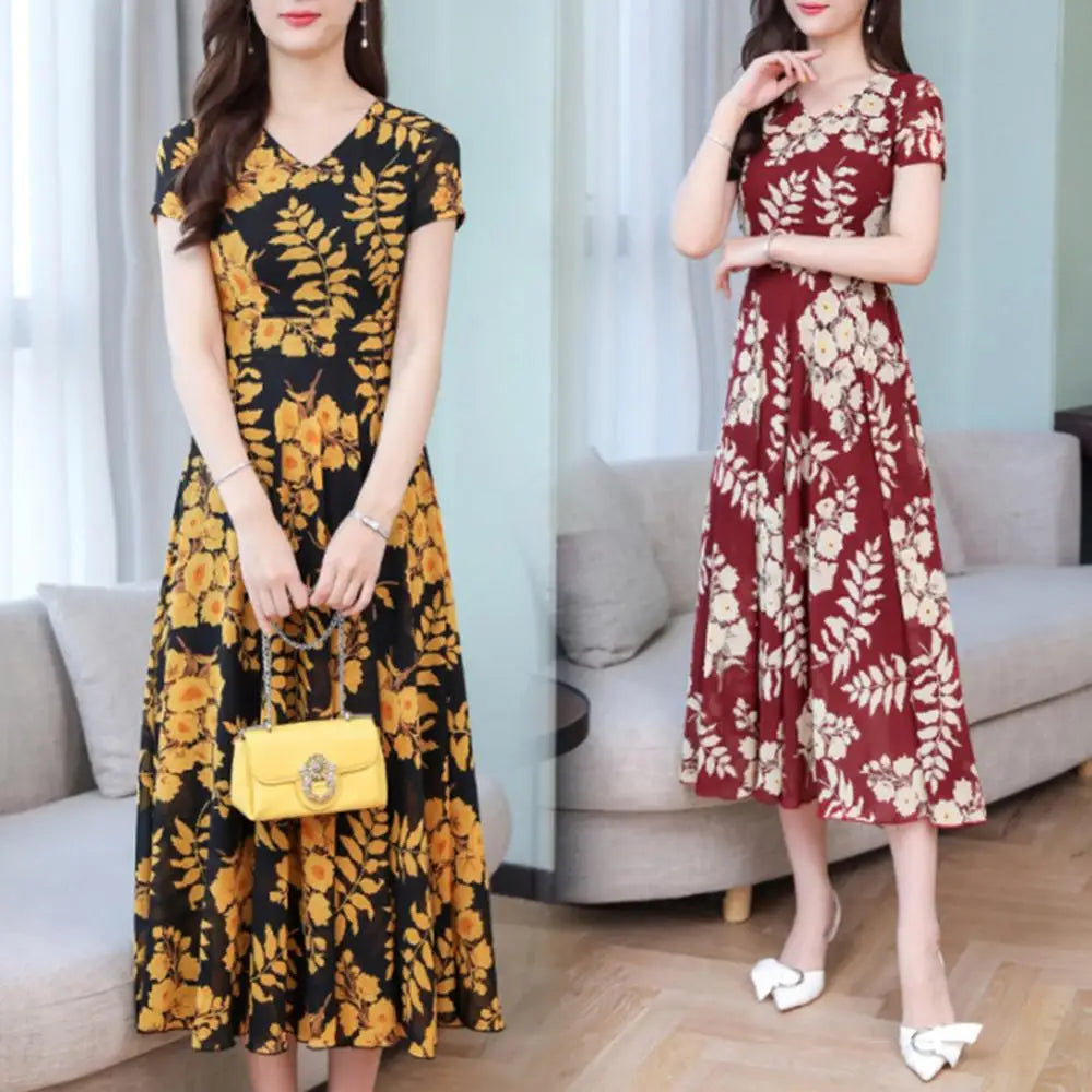 Summer Women Short Sleeve Fashion Elegant Tight Dress Lady Floral Print Women's Waist Large Swing V-Neck Maxi Women's Clothing