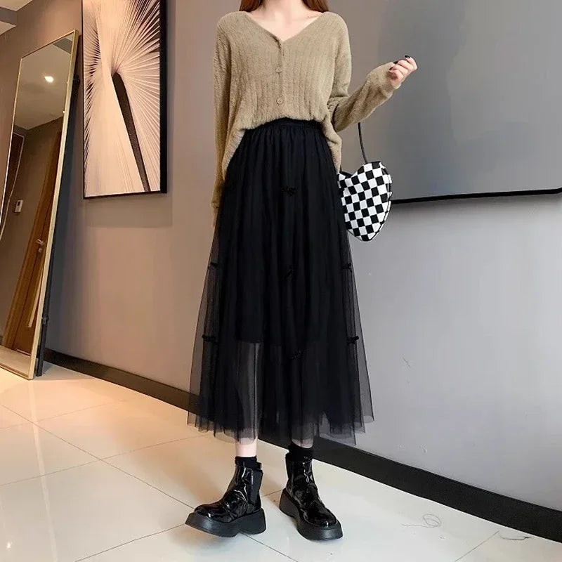 Elegant Black Tulle Skirts Women 2025 Fashion Casual High Waist Kawaii Skirt Adjust Waist Korean Mid Length Pleated Skirts Bow