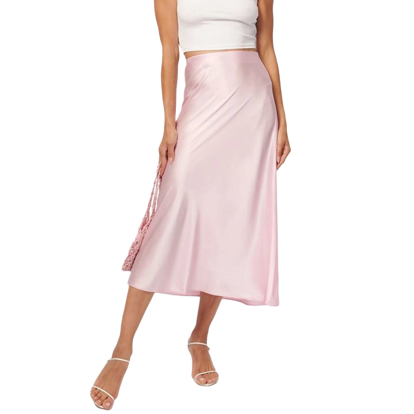 Women s Summer High Waist Skirt Solid Color Long Satin Skirt for Travel Beach Shopping