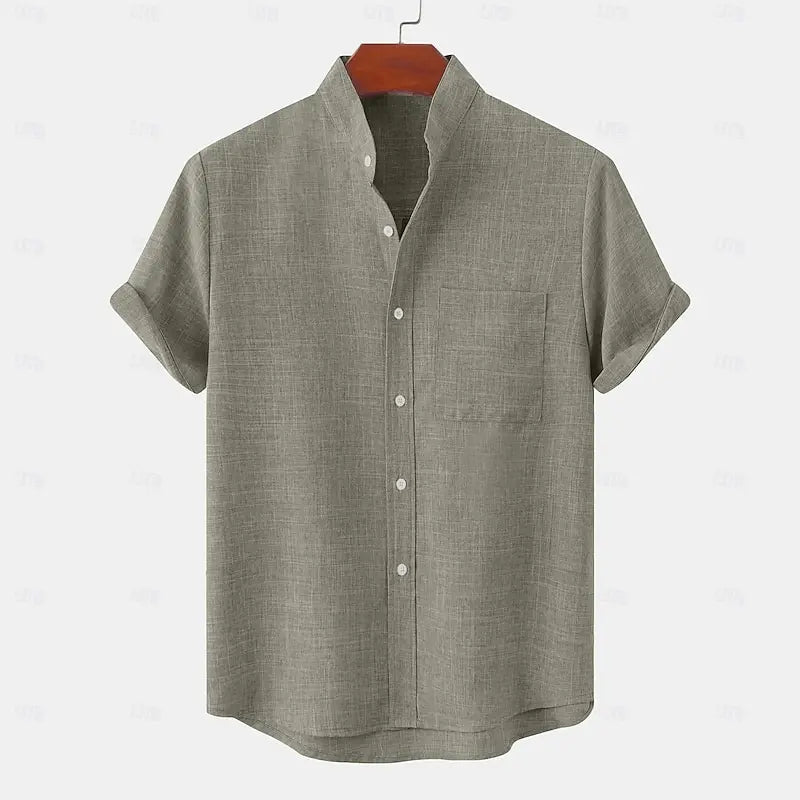 Men's tops linen 100% hot sale linen shirt half cardigan button stand collar solid color shirt linen European size