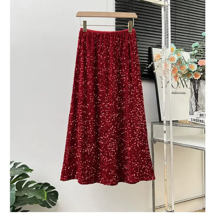 Sequin Clothing Harajuku Y2K Fashion Women Black Streetwear Elegant High Waist Korean Casual All Match A Line Fashion Skirts