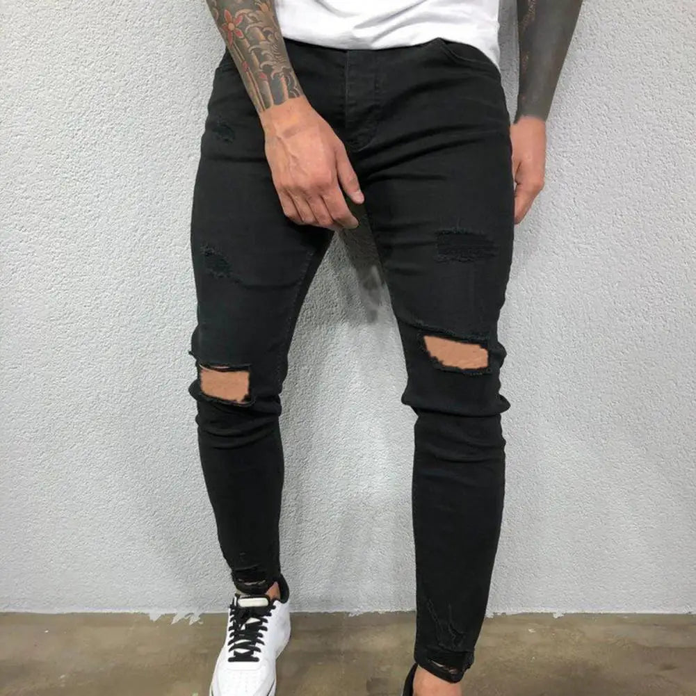 Men's Jeans Streetwear Ripped Skinny Hip Hop Man Fashion Estroyed Oversize Pants Solid Color Male Stretch Casual Denim Trousers