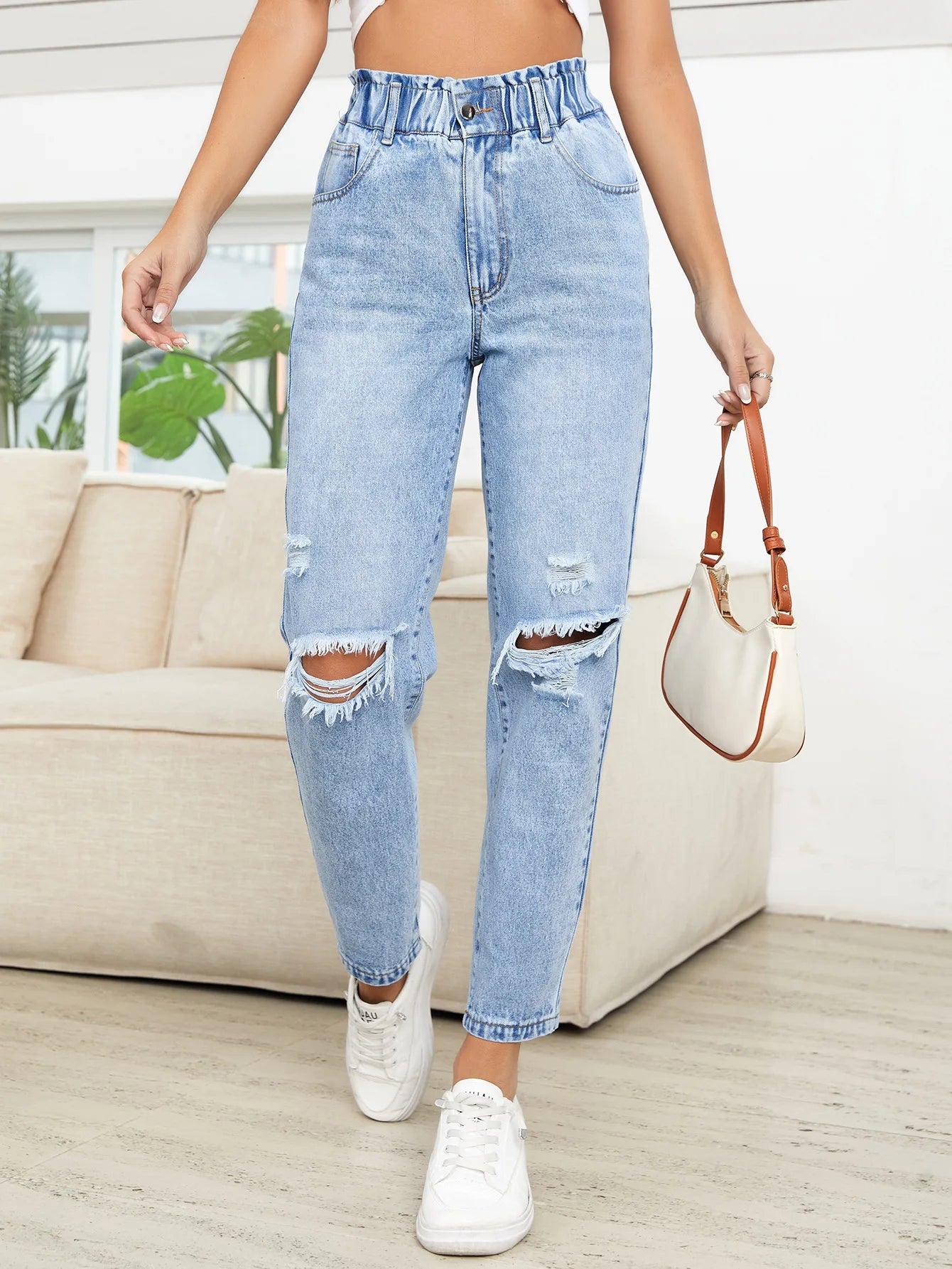 Ankle Length Holes Jeans ripped Distressed Straight Pants Denim Pockets Washed Elastic Waist High Street Solid Vintage 2024