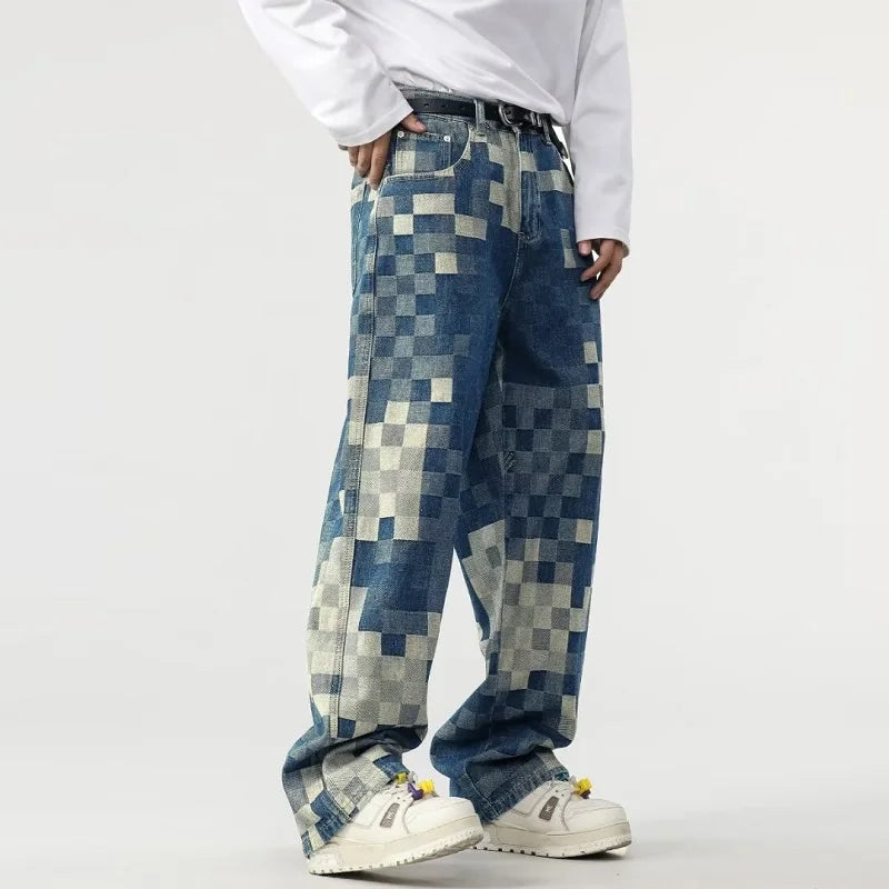 Mosaic Checkerboard Printed Jeans Men Autumn Fashion Straight Tube Loose High Street Wide Leg American Personality Long Pants