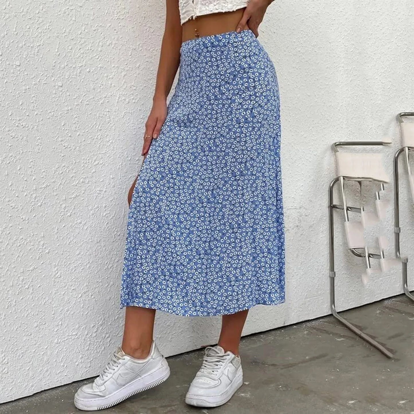 Fashion Vintage Skirt 2023 Flower Polka Dot Print High Waist Stretch Split Long A-Line Skirts For Women Fashion Beach Maxi Skirt