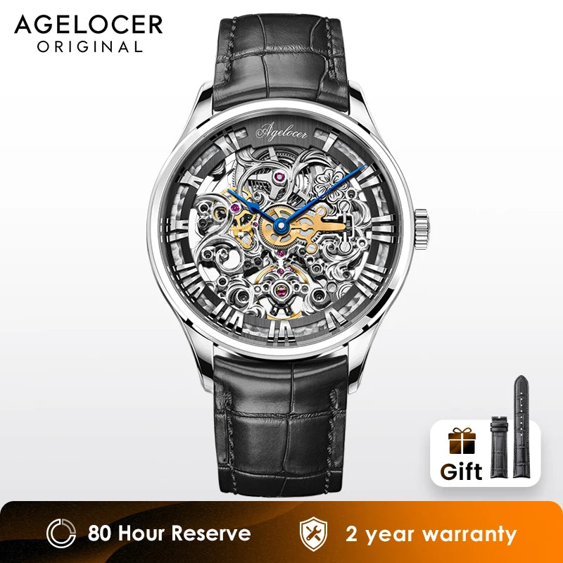 AGELOCER Original Baroque Art Carved Watch Men Luxury Business Formal Skeleton Automatic Mechanical Watch Birthday Gift for Men