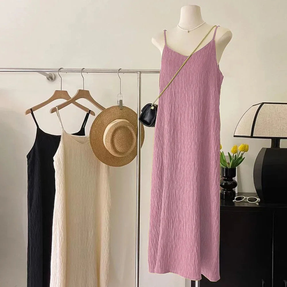 Office Lady Sleeveless Pleated Midi Dress Women Size S-XL Pink Purple White Black Casual Basic Knitted Folds Dresses Girl's