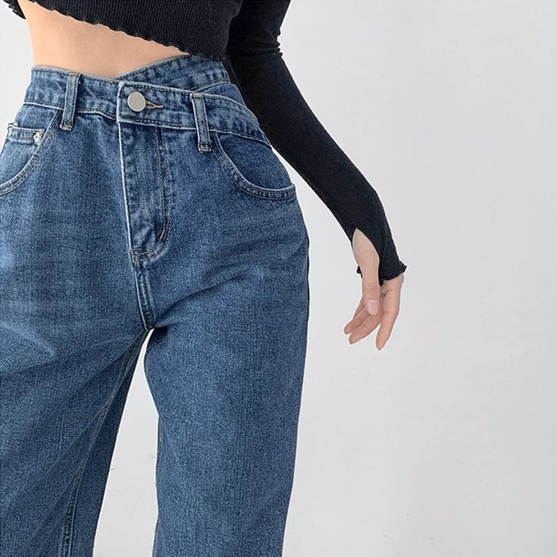 Irregular Crossover Vintage High-waisted Jeans, Women's Spring and Fall New Fashion Loose Wide-leg Pants, Floor-length Jeans