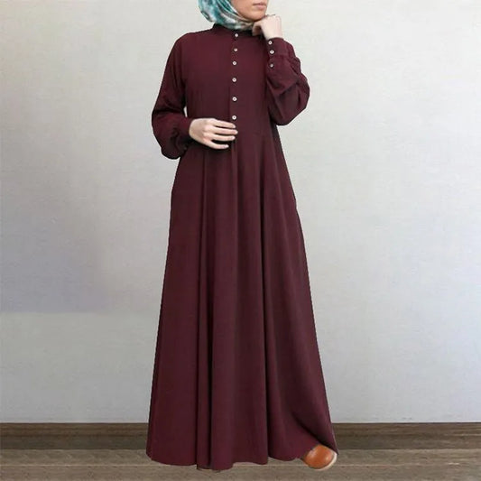 Women's Long Islamic Muslim Dress Vintage Solid Color Button Down Long Sleeve Dress for Spring Fall