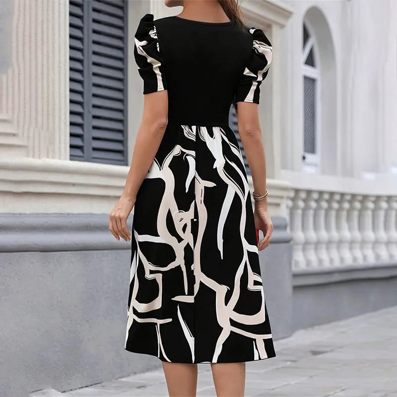 Women's Dress Autumn Winter Fashion Knitted Print Stretch Square Neck Slim Fit Short Puff Sleeve Midi Prom Dresses For Women