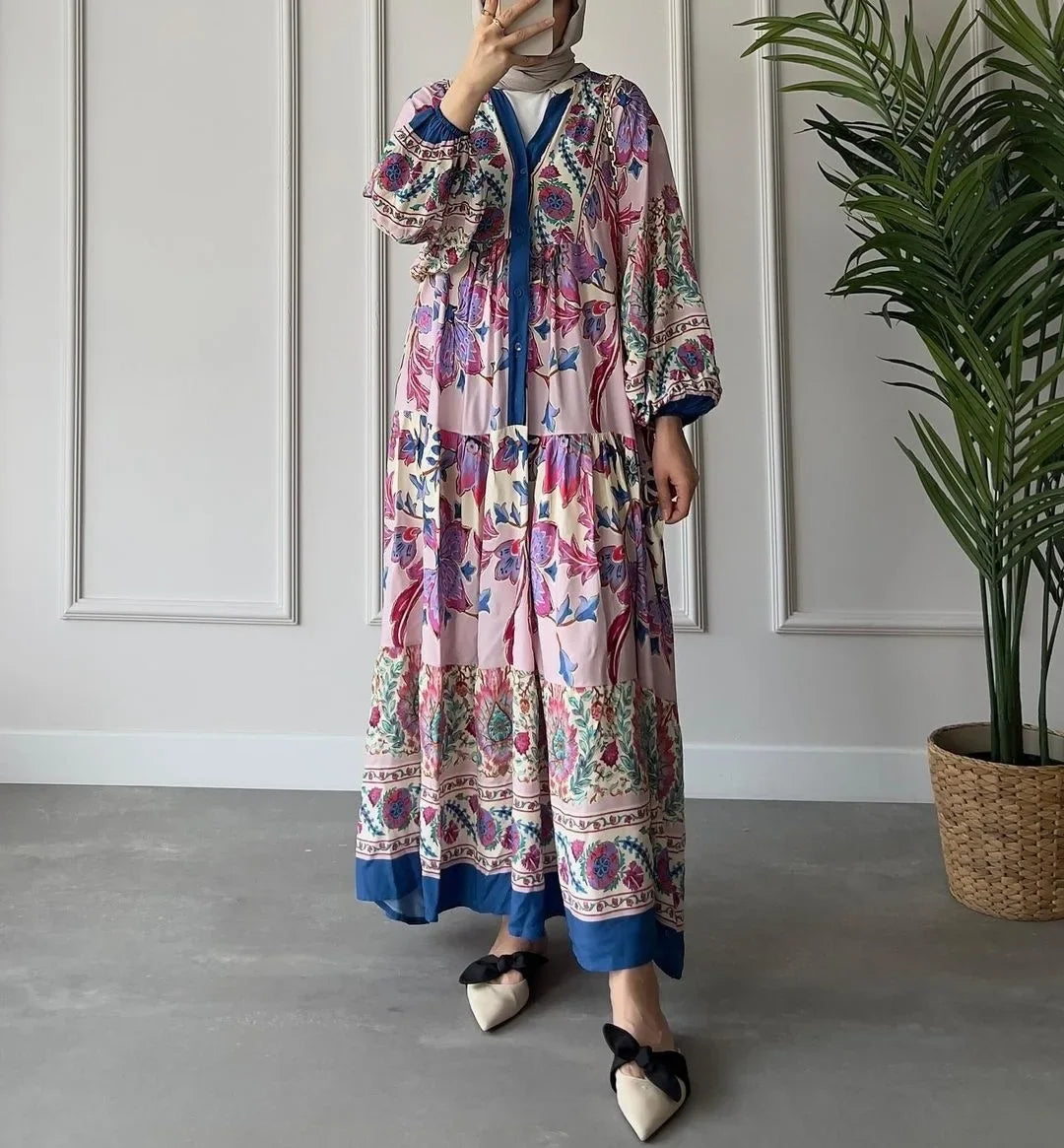 Vintage Print National Style Jalabiya Femme Robe Muslim Dress Long-sleeved Stand Collar Dubai Abayas for Women Islam Clothing