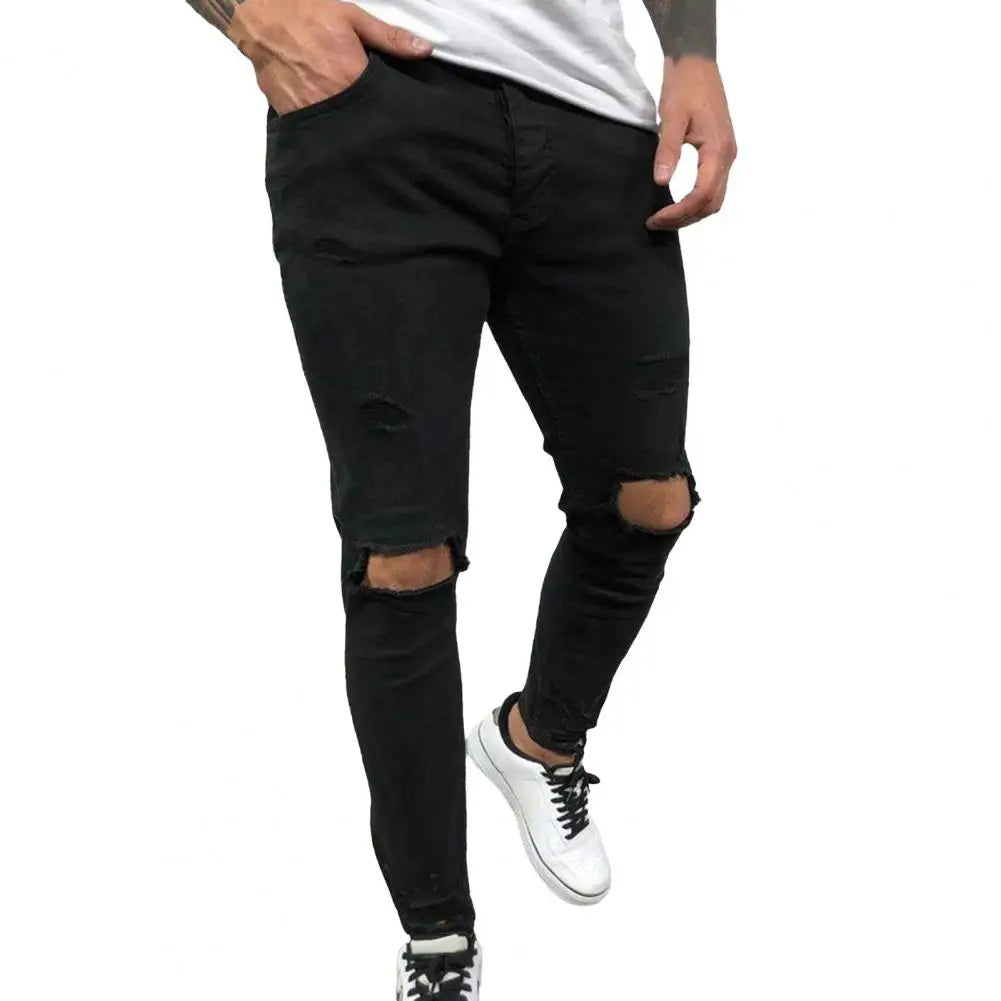 Men's Jeans Streetwear Ripped Skinny Hip Hop Man Fashion Estroyed Oversize Pants Solid Color Male Stretch Casual Denim Trousers