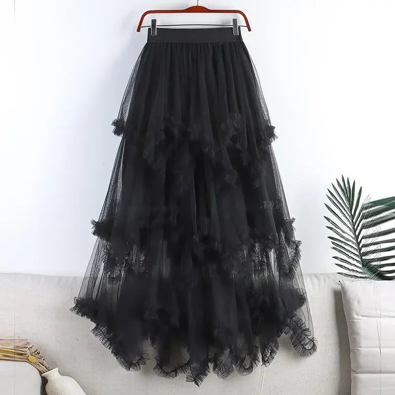 Summer Fashion Irregular Cake Tulle Skirt Women Sweet Midi Long High Waist A-line Skirt Female Mesh Party Evening Skirt