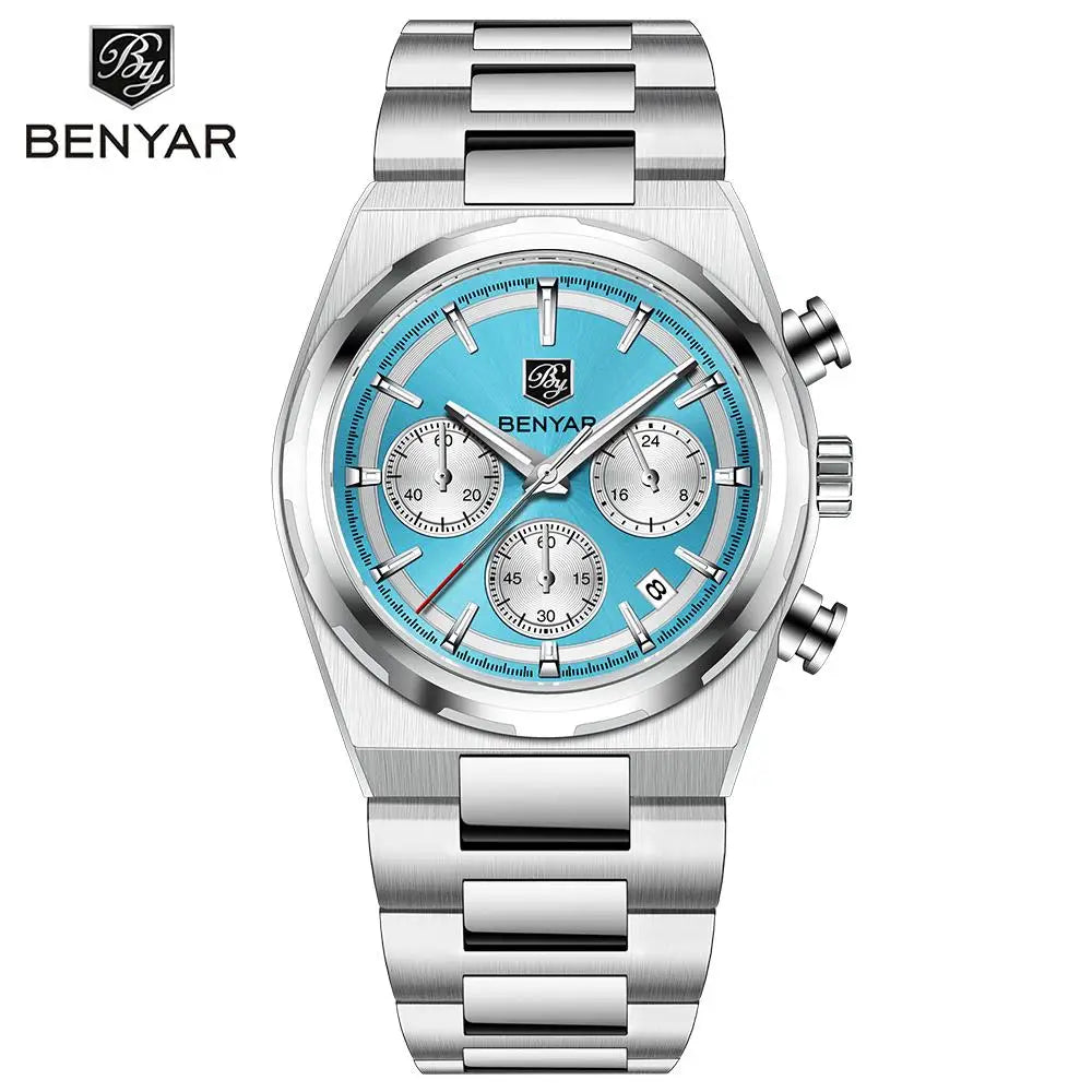 Benyar 40MM Multi-function Quartz watch Mineral Strengthened Glass Stainless steel waterproof strap Timing clock watch for men