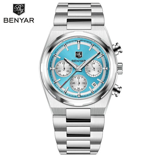 Benyar 40MM Multi-function Quartz watch Mineral Strengthened Glass Stainless steel waterproof strap Timing clock watch for men