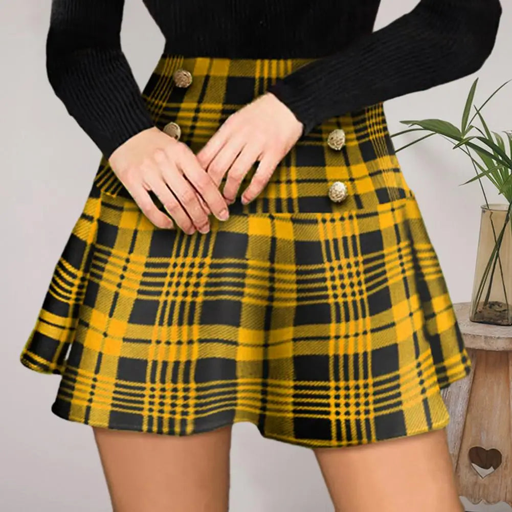 High Waist Pleated Skirt High Waist Plaid Print Button-decorated Skirt for Women Elegant Fashionable Polyester Pleated Skirt