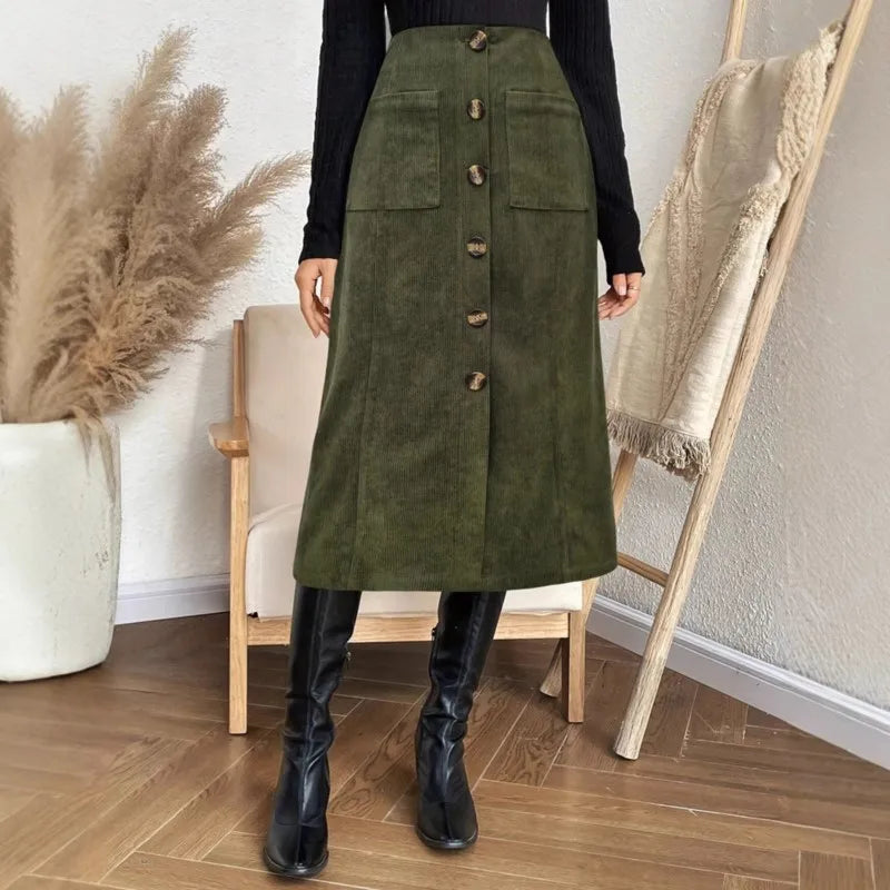 Autumn And Winter Casual Commuting Skirt With Elastic Waistband Buckle, Patch Bag, Fake Placket, Straight Tube, Mid Length Skirt