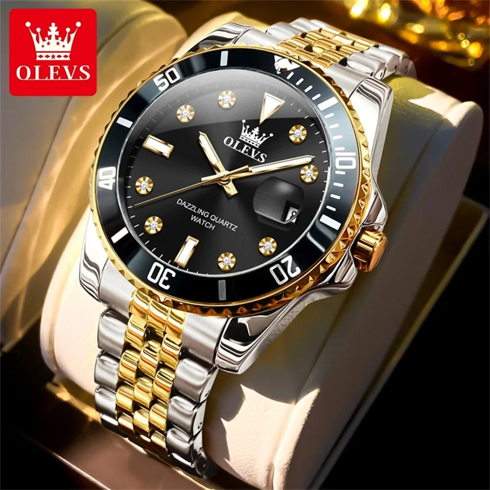 OLEVS 9809 Original Waterproof Quartz Watch For Men Top Brand Calendar Wristwatch Luminous Stainless Steel Business Man Watches